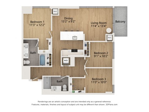 Floor plan for 3 beds, 2 baths, 1234 sqft